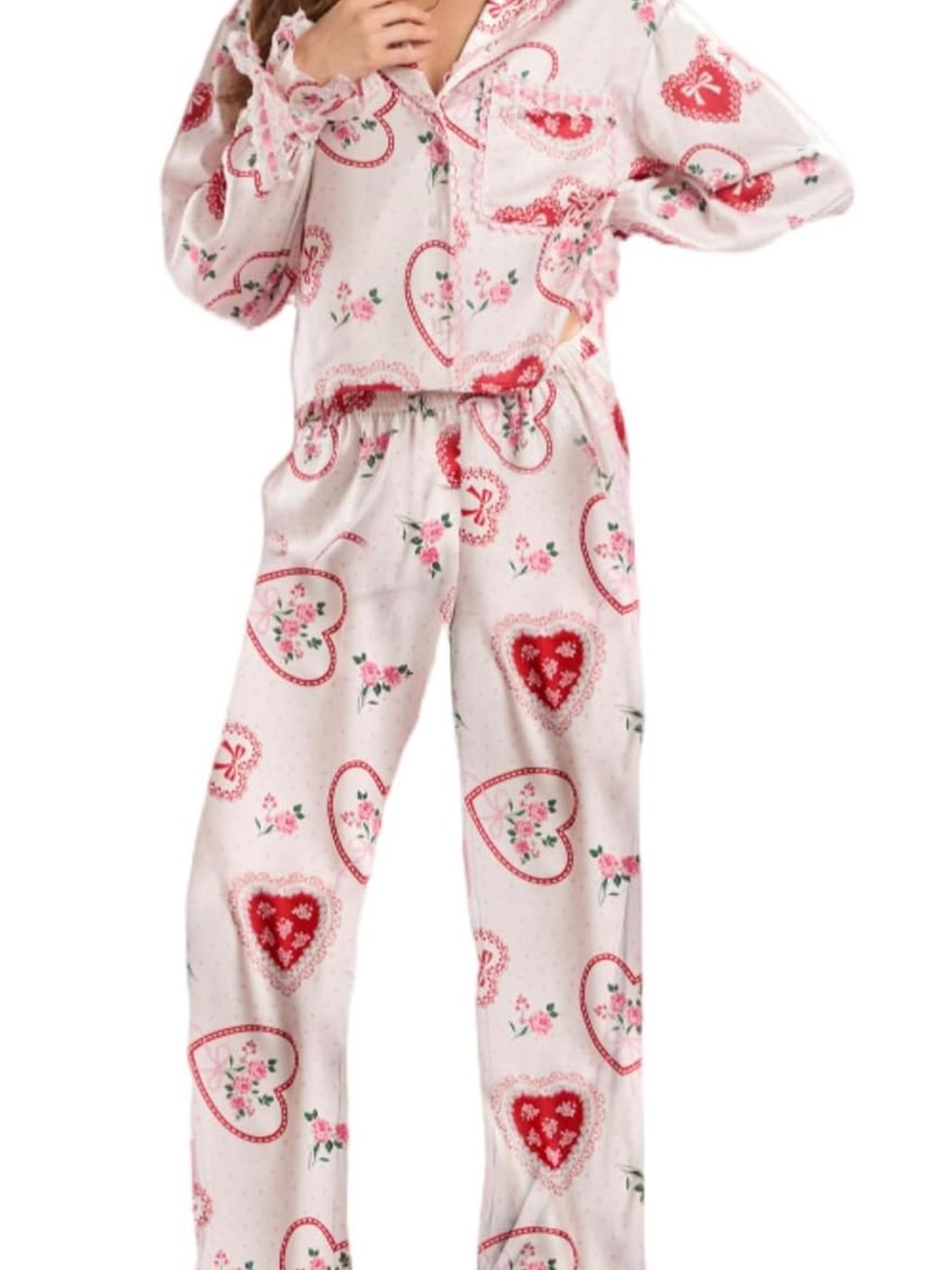 Women’s Pink Heart-Print Two-Piece Pajama Set